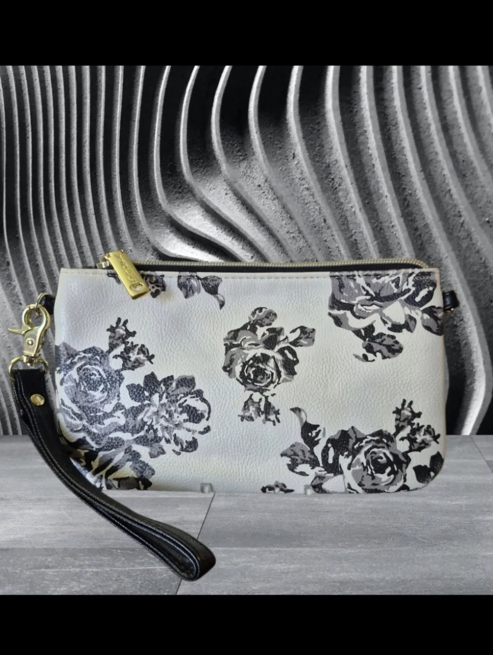 Betsey Johnson White Floral Wristlet with Black Strap